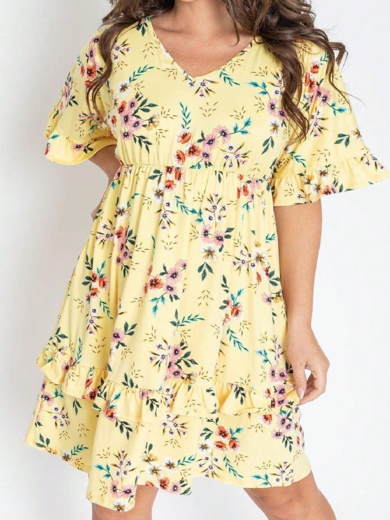 Women's Floral V-Neck Midi Knit Dress - Ruffle detail view