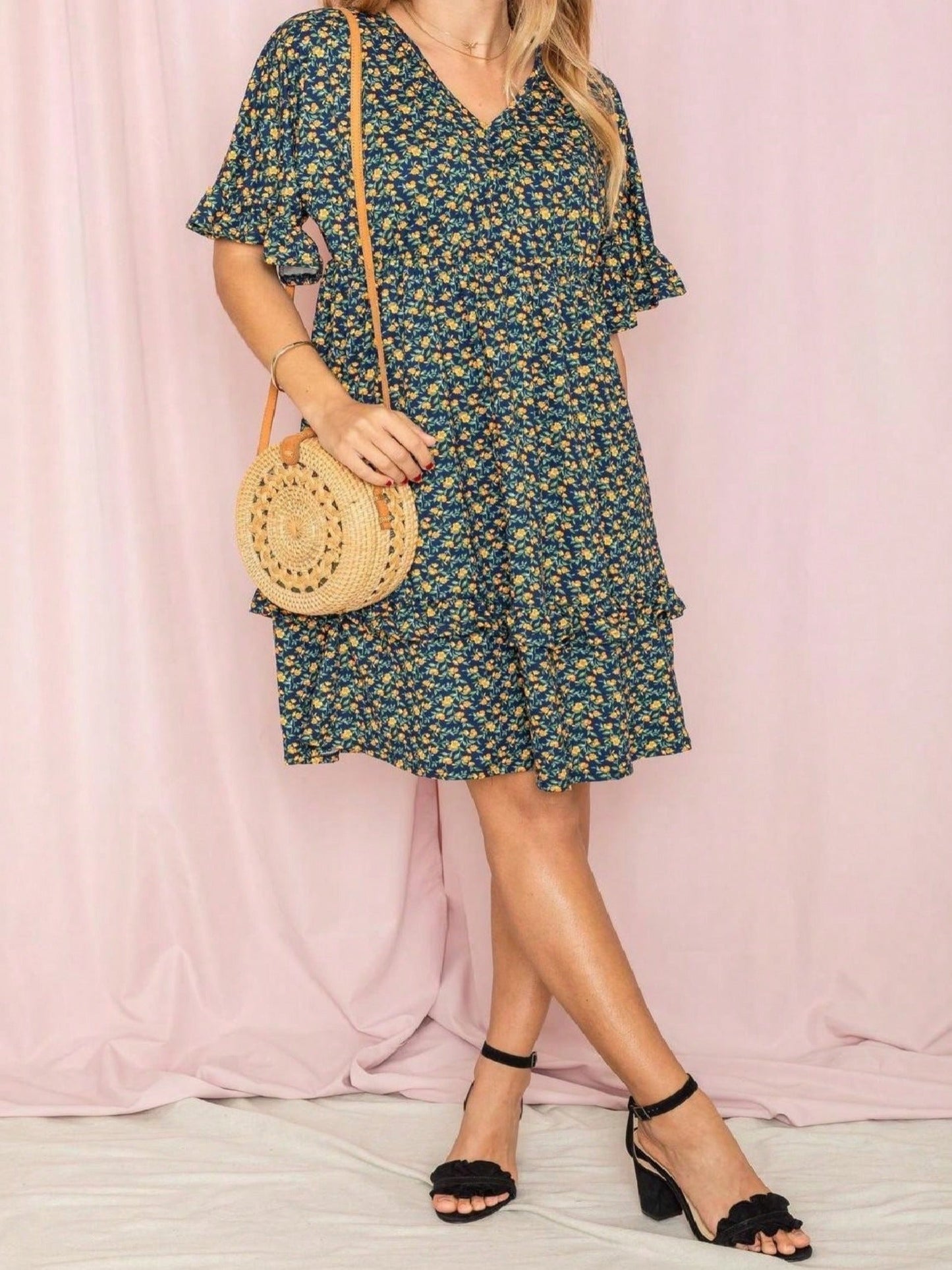 Women's Floral V-Neck Midi Knit Dress - Ruffle detail view