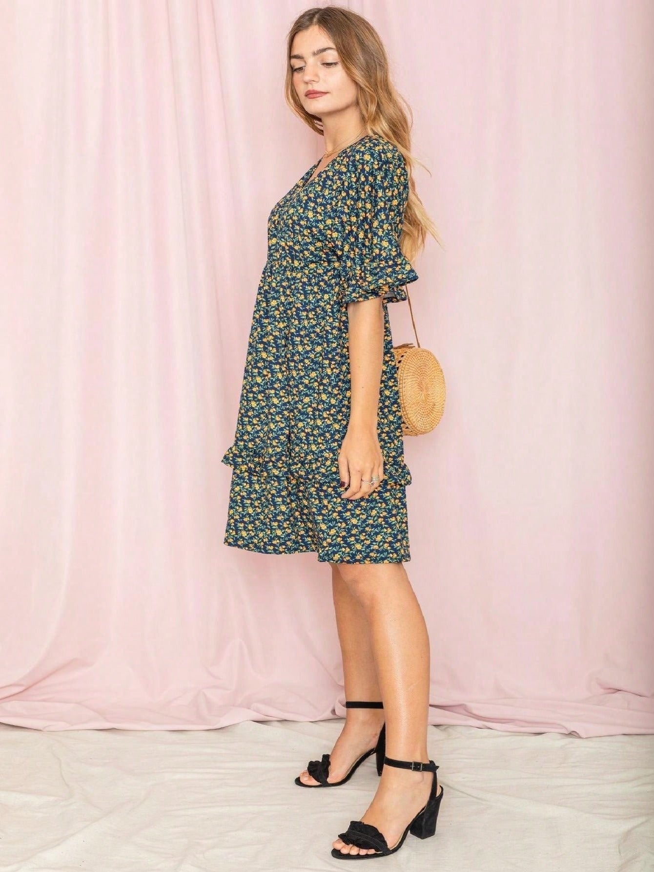 Women's Floral V-Neck Midi Knit Dress - Ruffle detail view