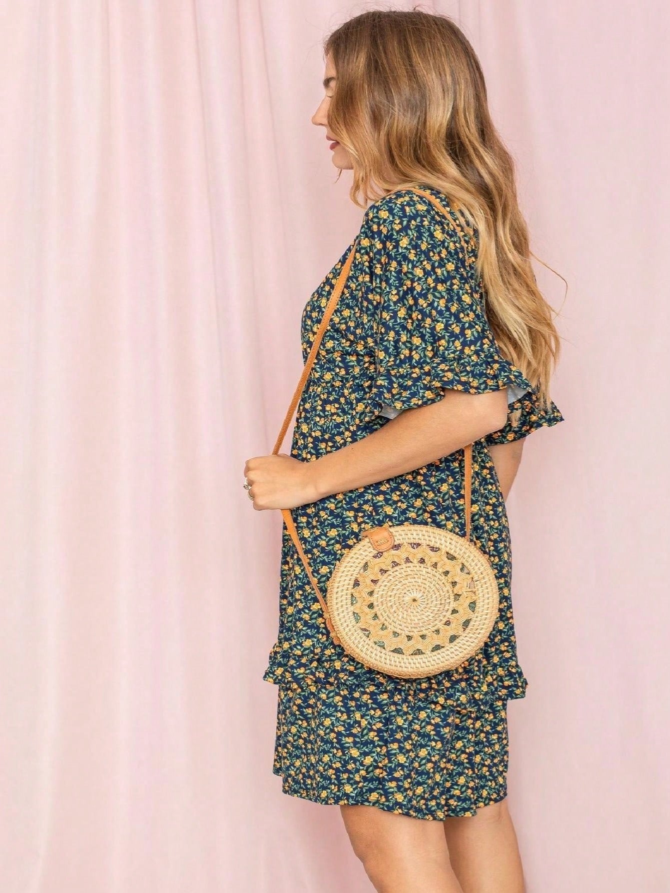 Women's Floral V-Neck Midi Knit Dress - Ruffle detail view