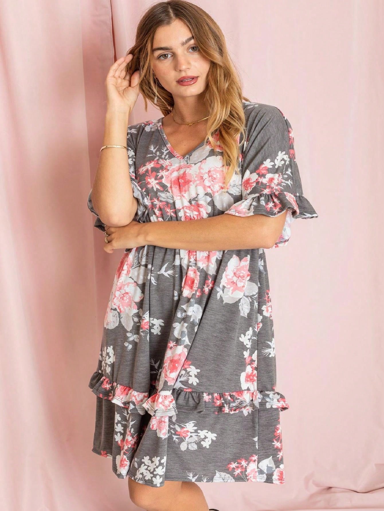 Women's Floral V-Neck Midi Knit Dress - Ruffle detail view