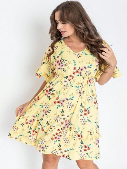 Women's Floral V-Neck Midi Knit Dress - Ruffle – Blue option – view 10