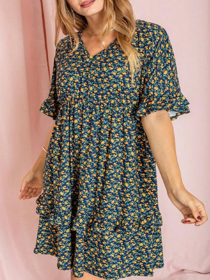 Women's Floral V-Neck Midi Knit Dress - Ruffle – Blue option – view 16