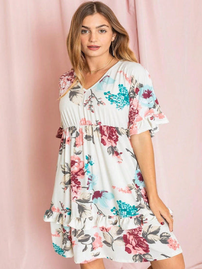Women's Floral V-Neck Midi Knit Dress - Ruffle – Blue option – view 22