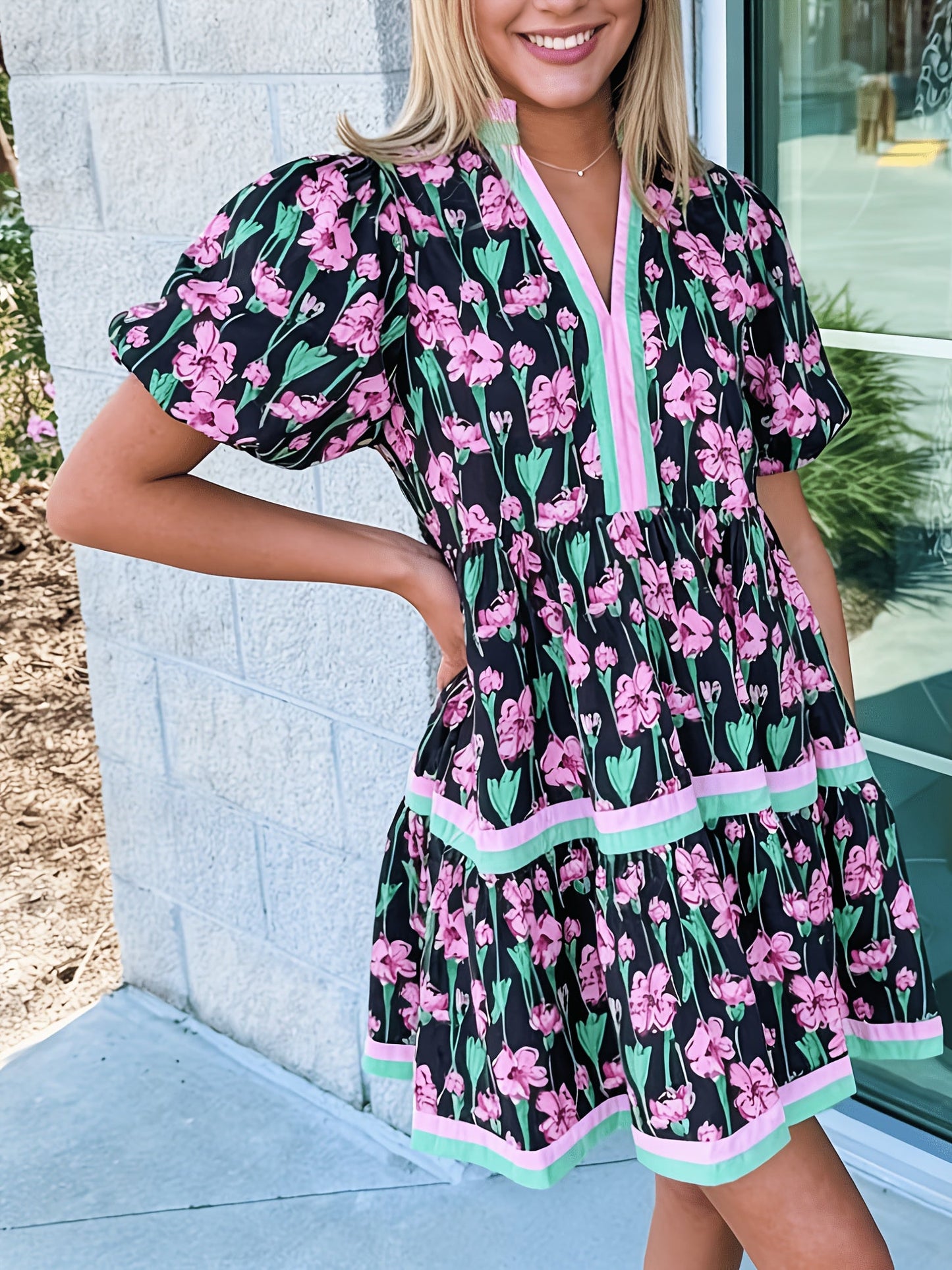 Women's Floral V-Neck Mini Vacation Dress - Short Sleeve – view 9