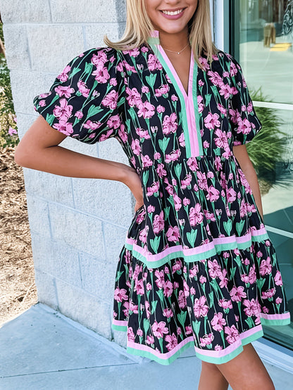 Women's Floral V-Neck Mini Vacation Dress - Short Sleeve – view 9
