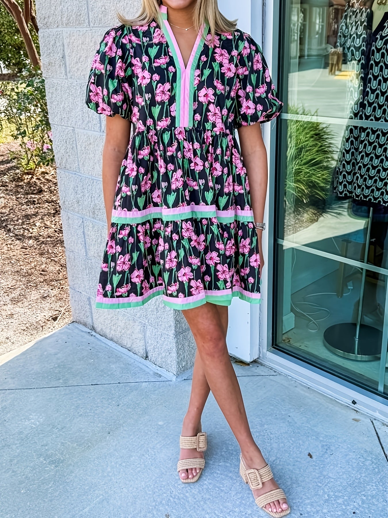 Women's Floral V-Neck Mini Vacation Dress - Short Sleeve – view 15