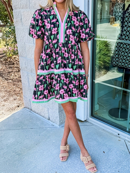 Women's Floral V-Neck Mini Vacation Dress - Short Sleeve – Blue option – view 4