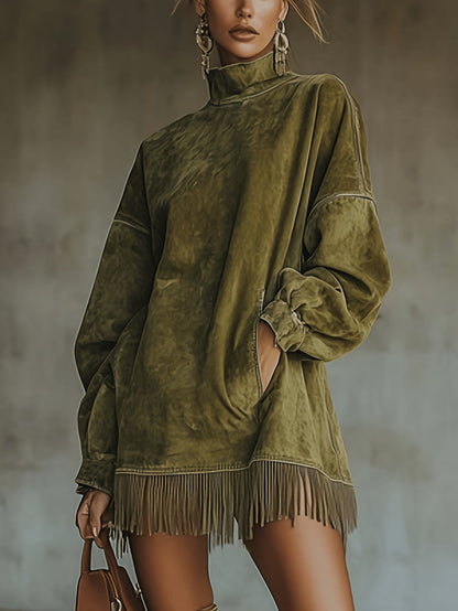 Women's Fringed Midi Dress - High-Neck Pleated Style – view 2