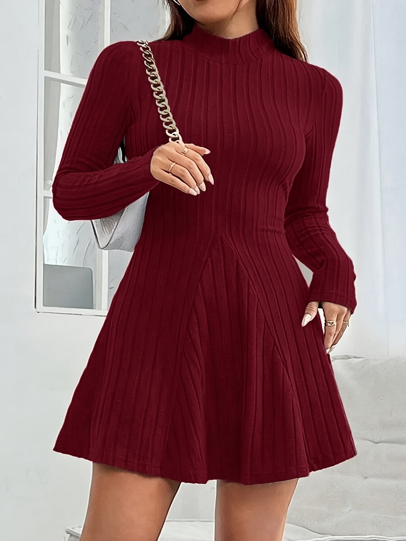 Women's Fringed Midi Dress - High-Neck Pleated Style detail view