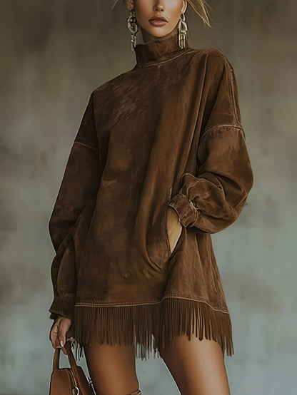 Women's Fringed Midi Dress - High-Neck Pleated Style – view 6