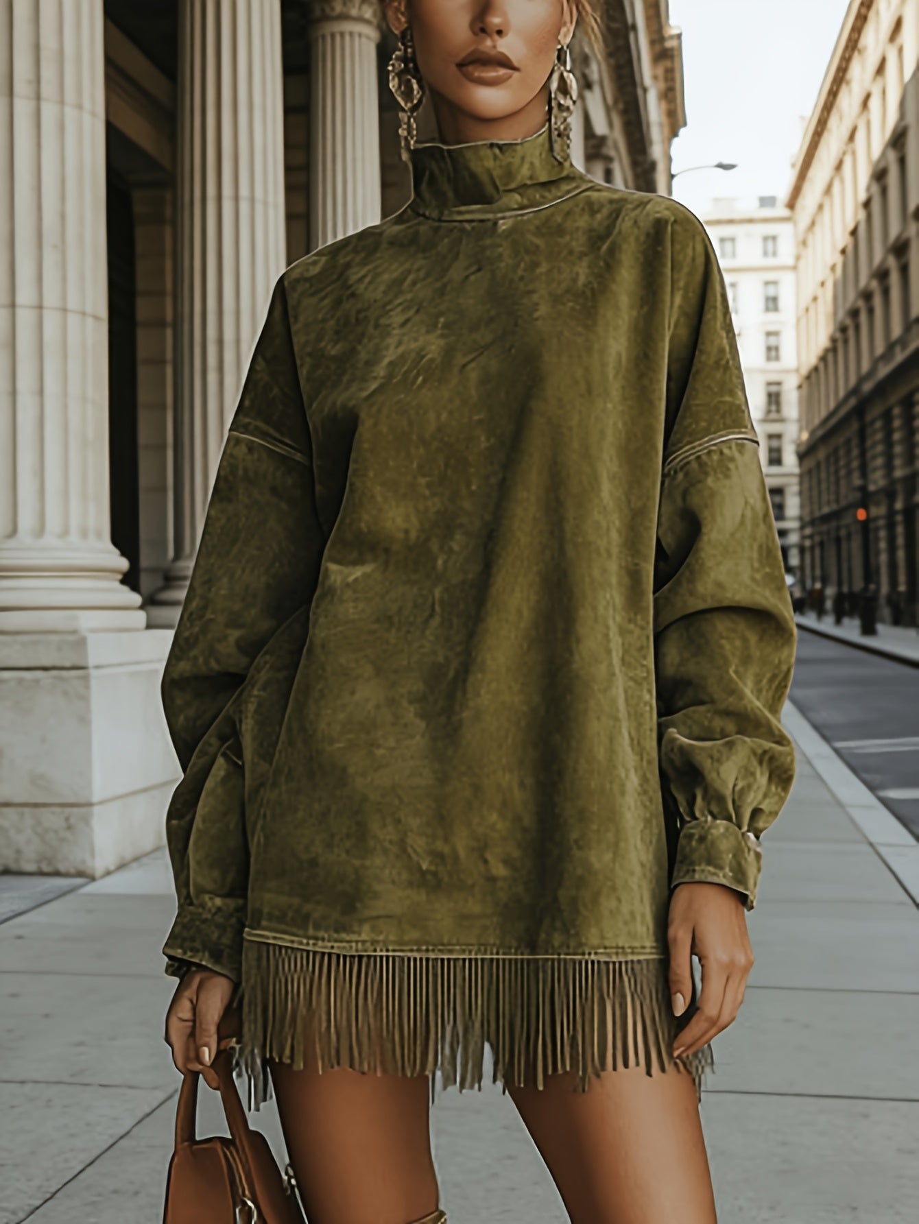 Women's Fringed Midi Dress - High-Neck Pleated Style detail view