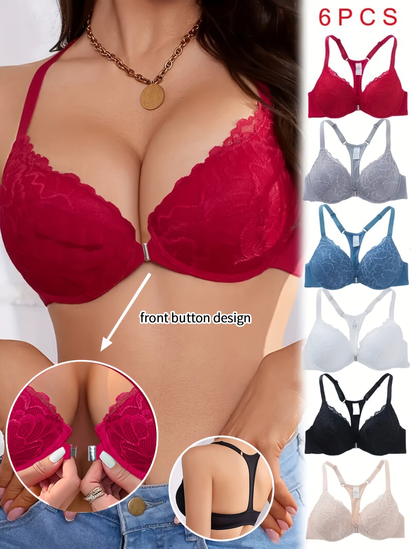 Women's Front-Closure Underwire Bra - 6-Pack Fixed Padding, High Support – view 9