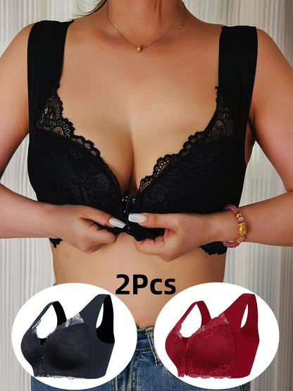 Women's Front-Closure Wireless Bra - 2-Pack Fixed Padding, Medium Support – Black option – main product image