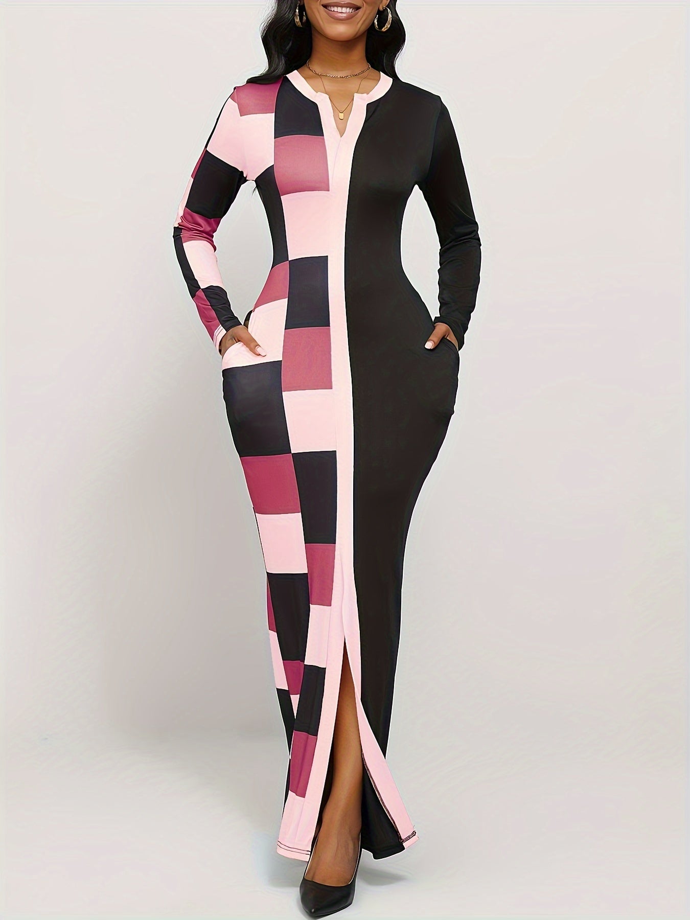 Women's Geometric Casual Dress - Long Sleeve – Pink option – main product image