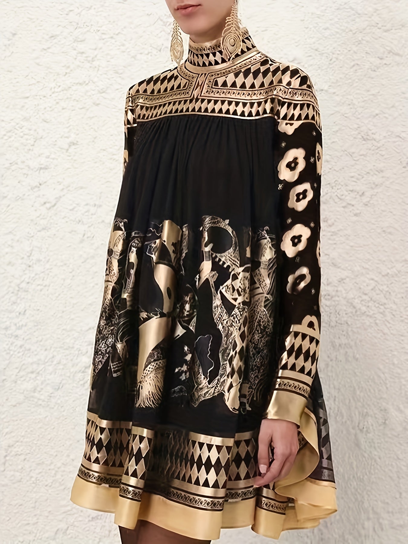 Women's Geometric Mini A-Line Dress - Long Sleeve detail view