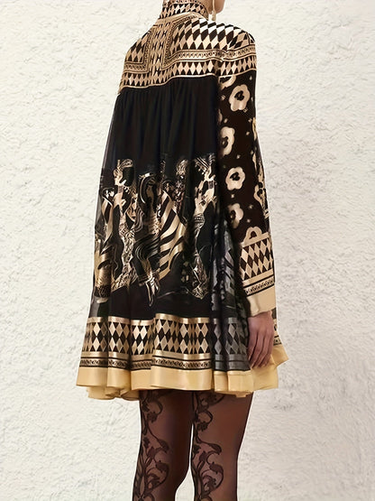 Women's Geometric Mini A-Line Dress - Long Sleeve detail view