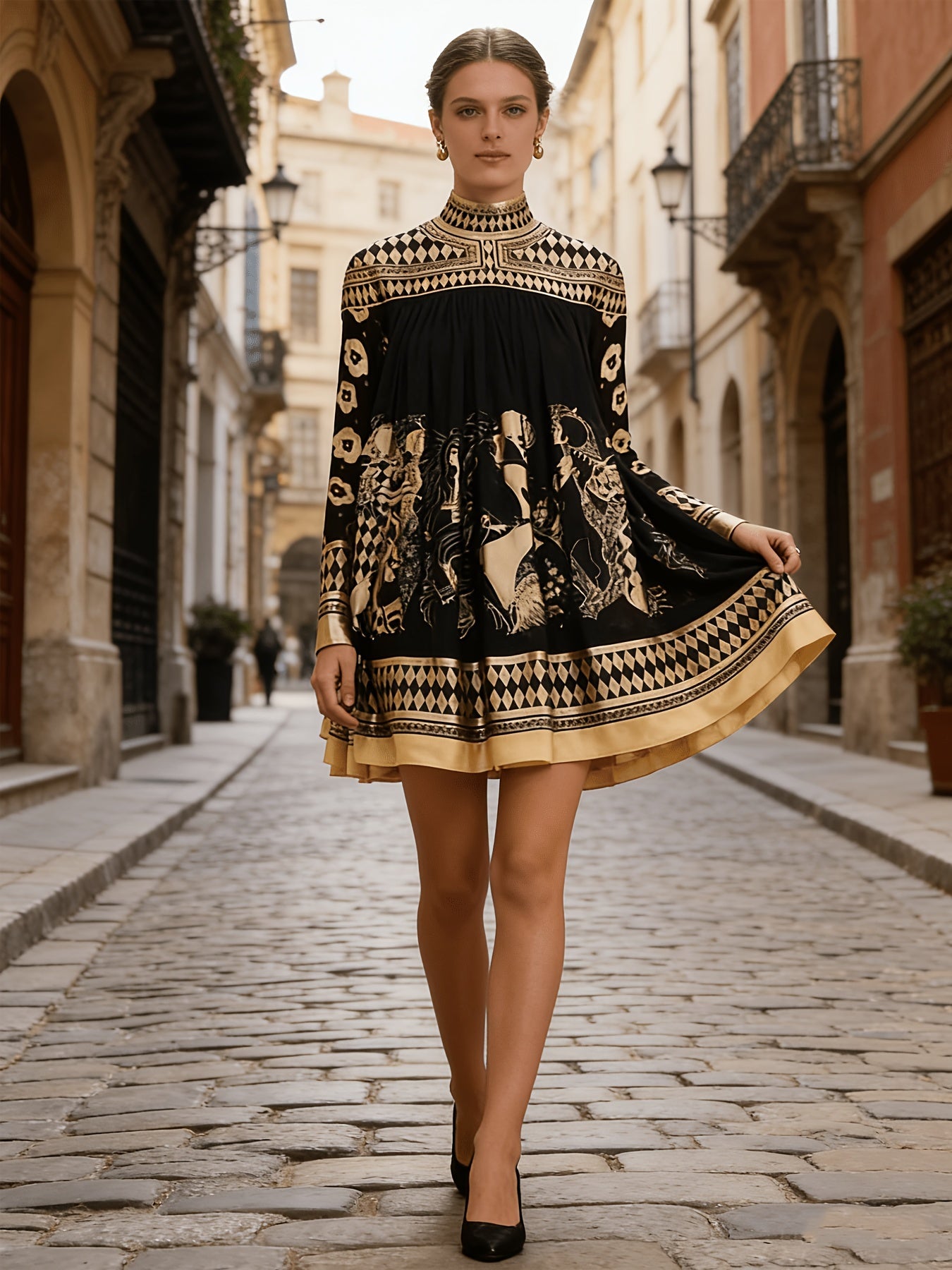 Women's Geometric Mini A-Line Dress - Long Sleeve detail view
