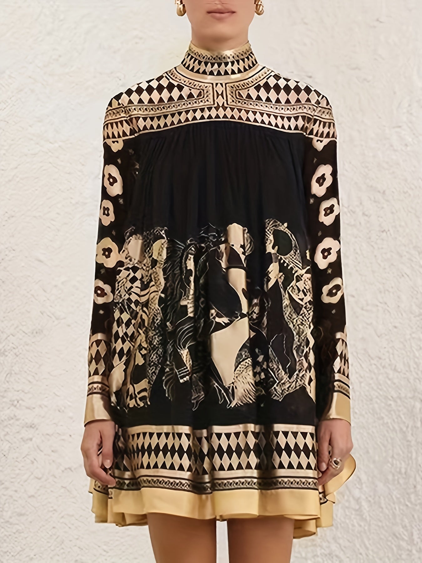 Women's Geometric Mini A-Line Dress - Long Sleeve detail view