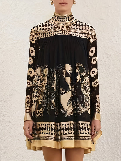 Women's Geometric Mini A-Line Dress - Long Sleeve detail view