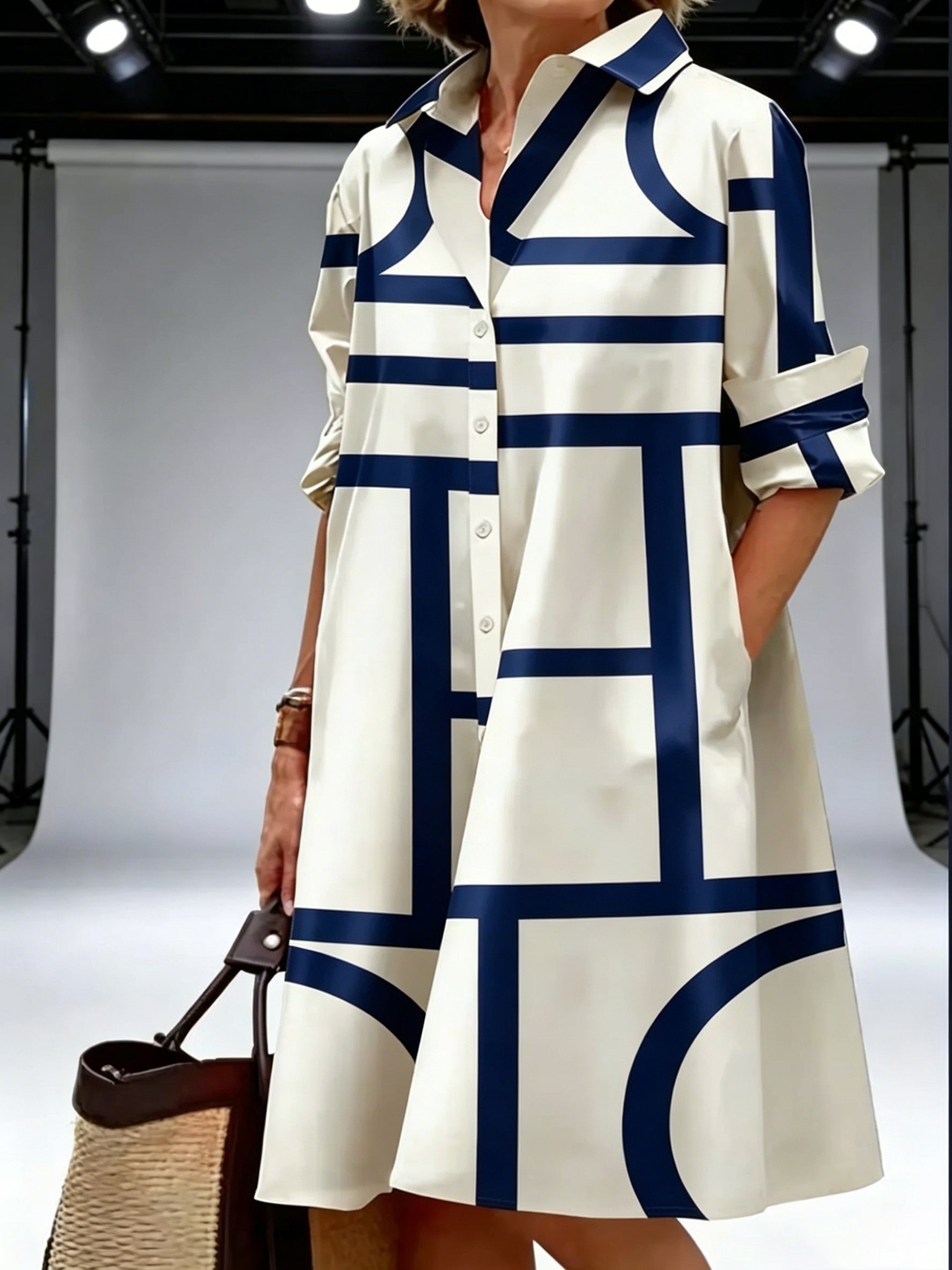 Women's Geometric V-Neck Shirt Dress - Pocket – main product image