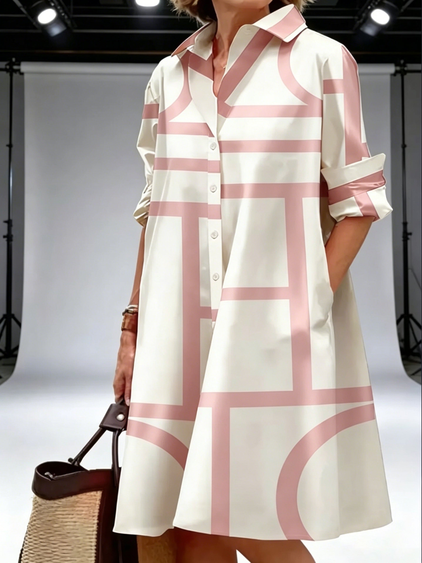 Women's Geometric V-Neck Shirt Dress - Pocket detail view