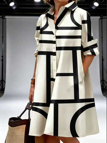 Women's Geometric V-Neck Shirt Dress - Pocket detail view