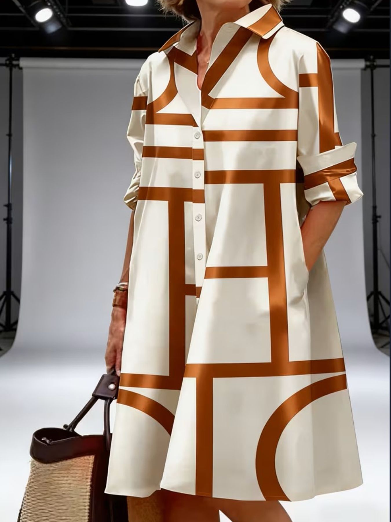 Women's Geometric V-Neck Shirt Dress - Pocket detail view