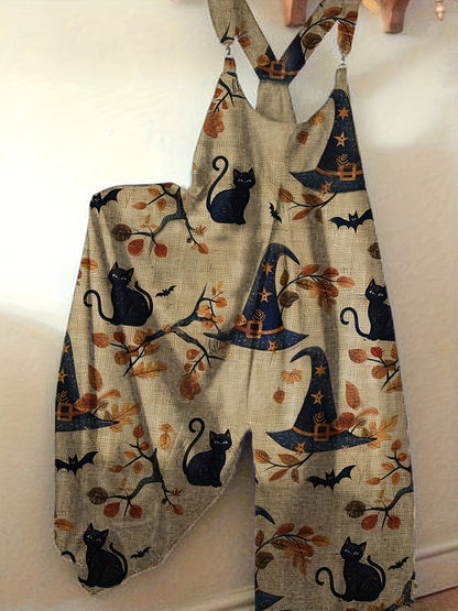 Women's Gothic Black Cat Jumpsuit - Halloween Print detail view