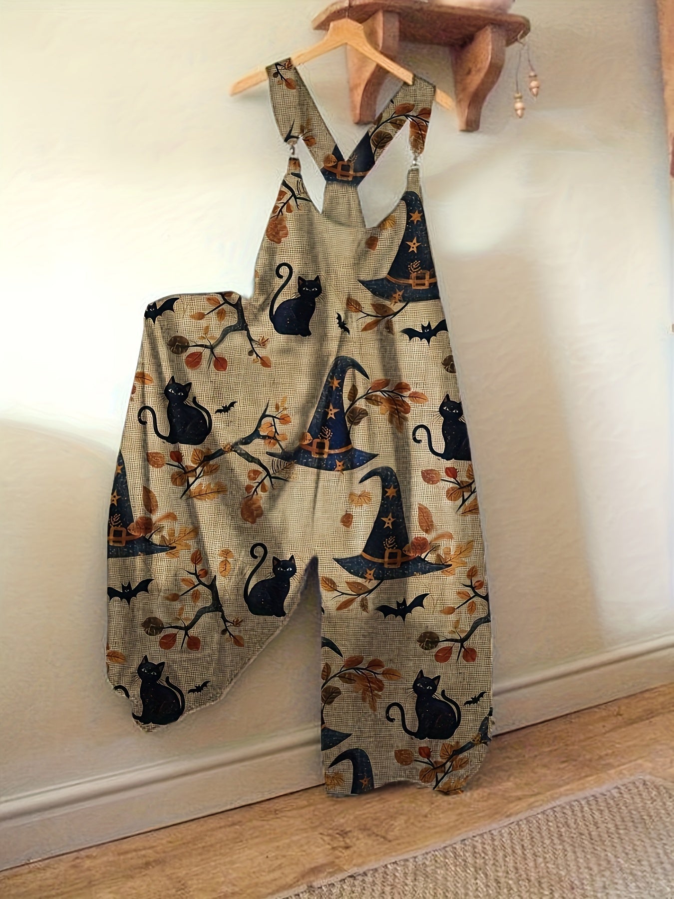Women's Gothic Black Cat Jumpsuit - Halloween Print detail view