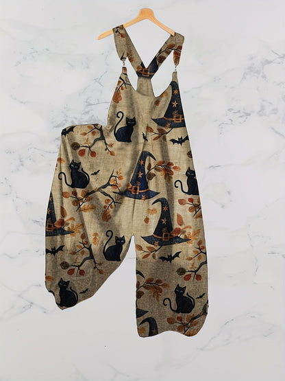 Women's Gothic Black Cat Jumpsuit - Halloween Print detail view