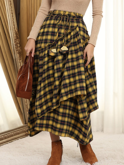 Women's Gothic Plaid Skirt - Asymmetric Fringe Ruffle detail view
