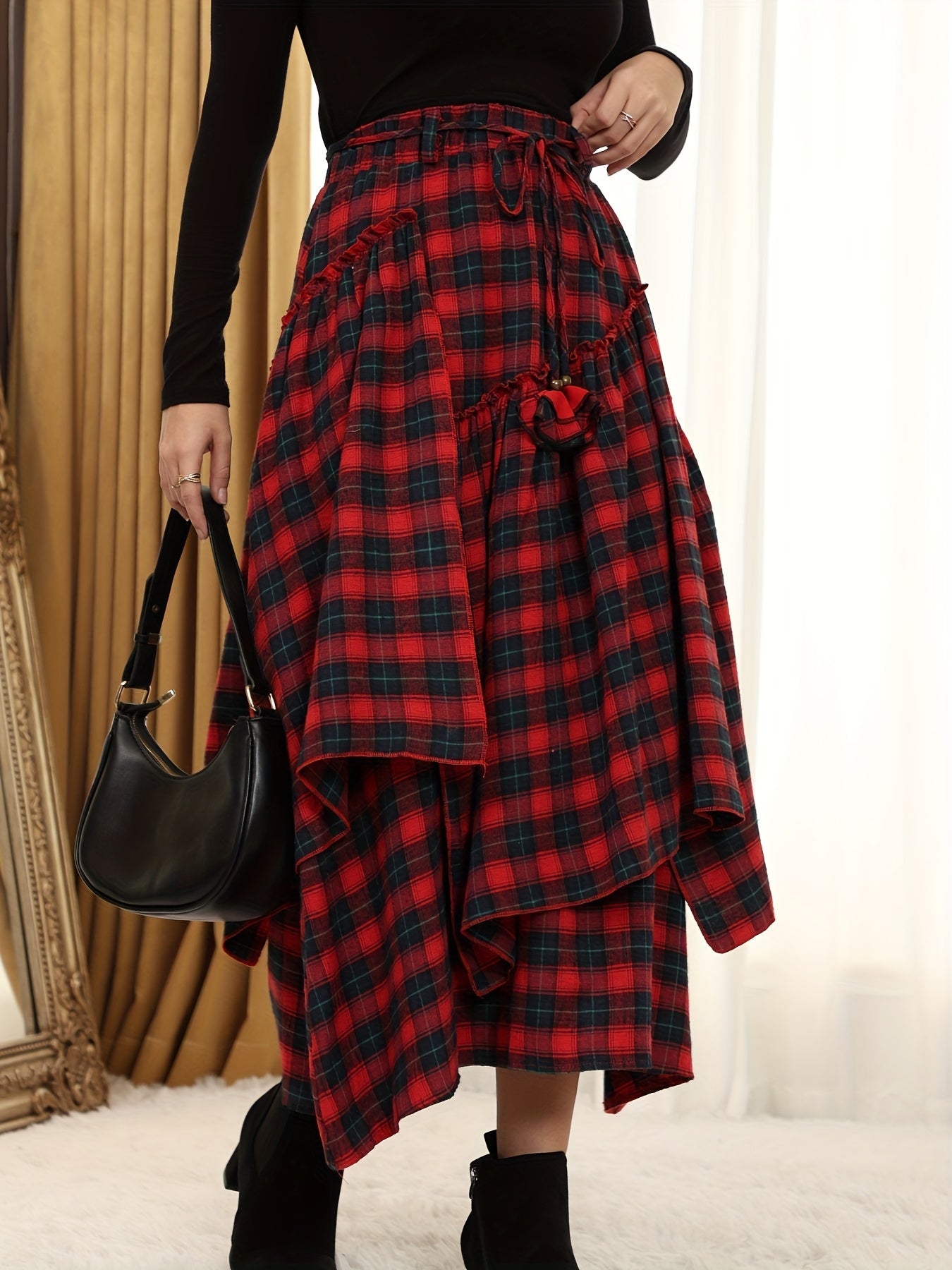 Women's Gothic Plaid Skirt - Asymmetric Fringe Ruffle detail view