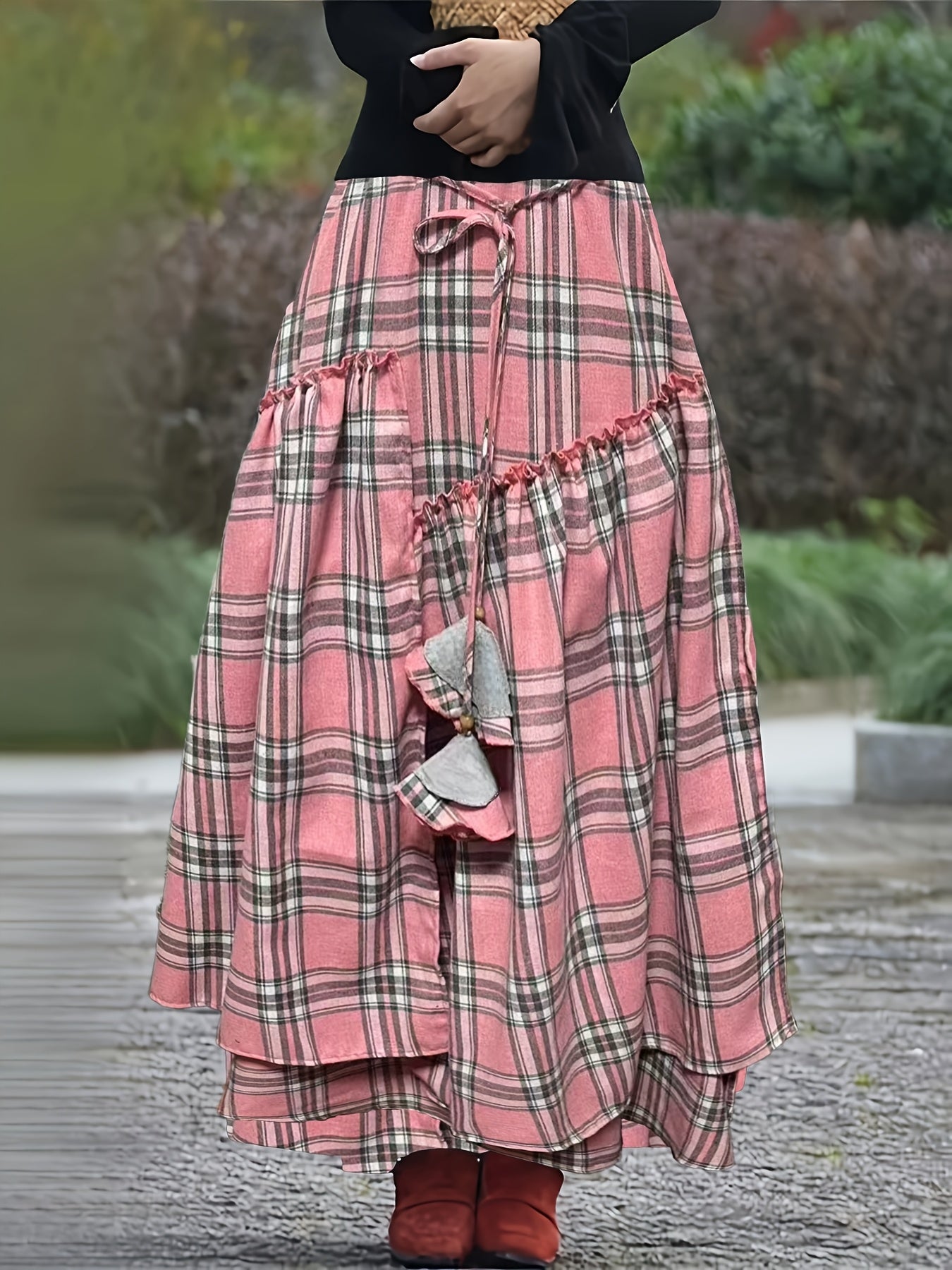Women's Gothic Plaid Skirt - Asymmetric Fringe Ruffle detail view