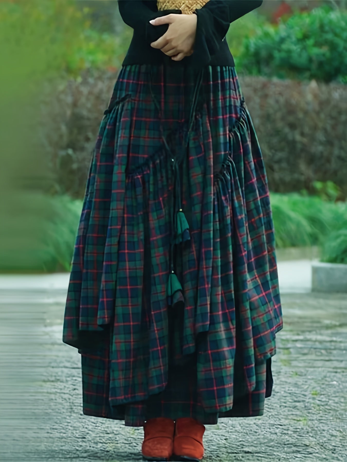 Women's Gothic Plaid Skirt - Asymmetric Fringe Ruffle detail view