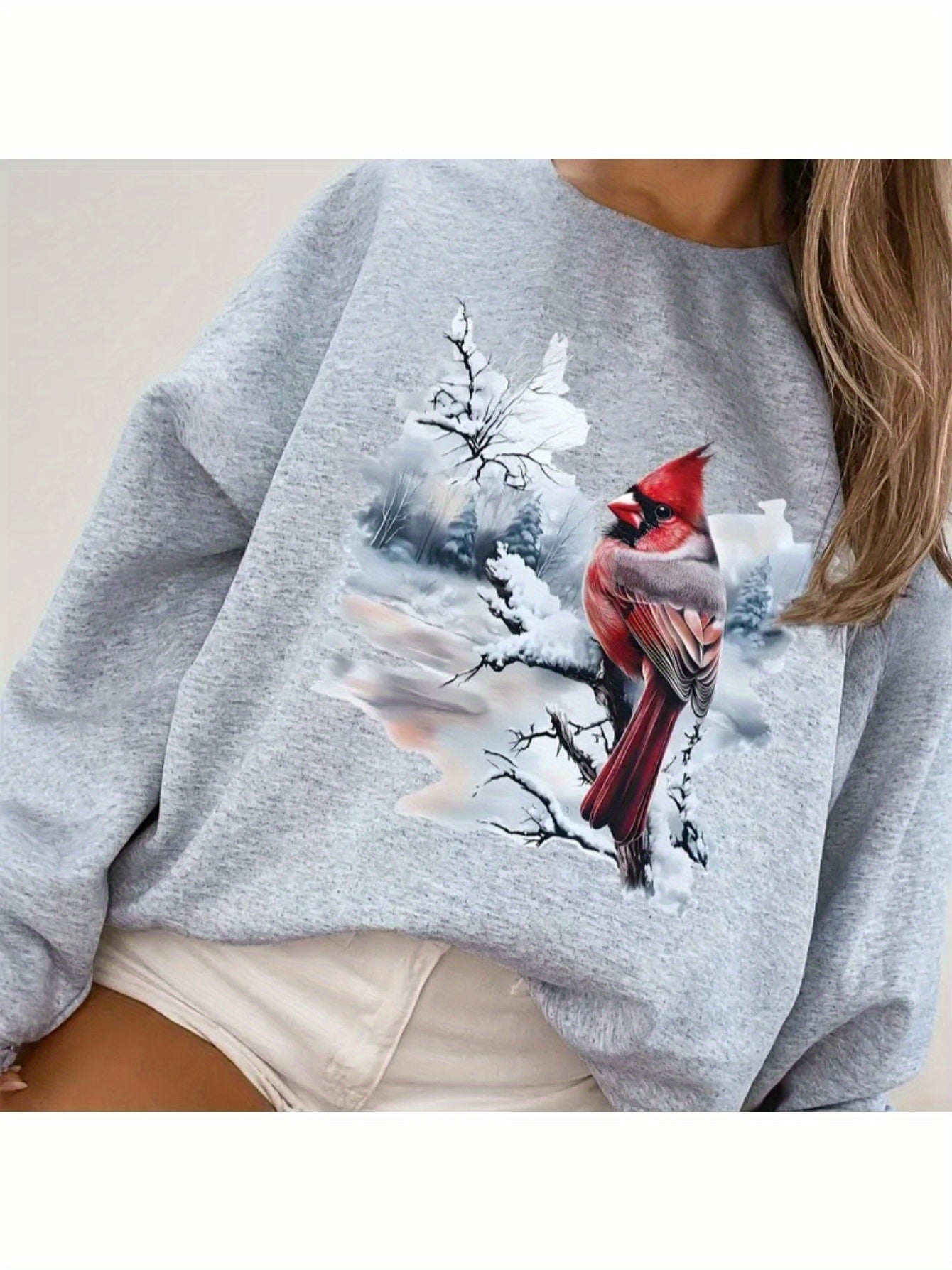 Women's Graphic Crewneck Sweatshirt - Regular Fit Crew Neck – Light Grey Graphic Design 41413 detail view