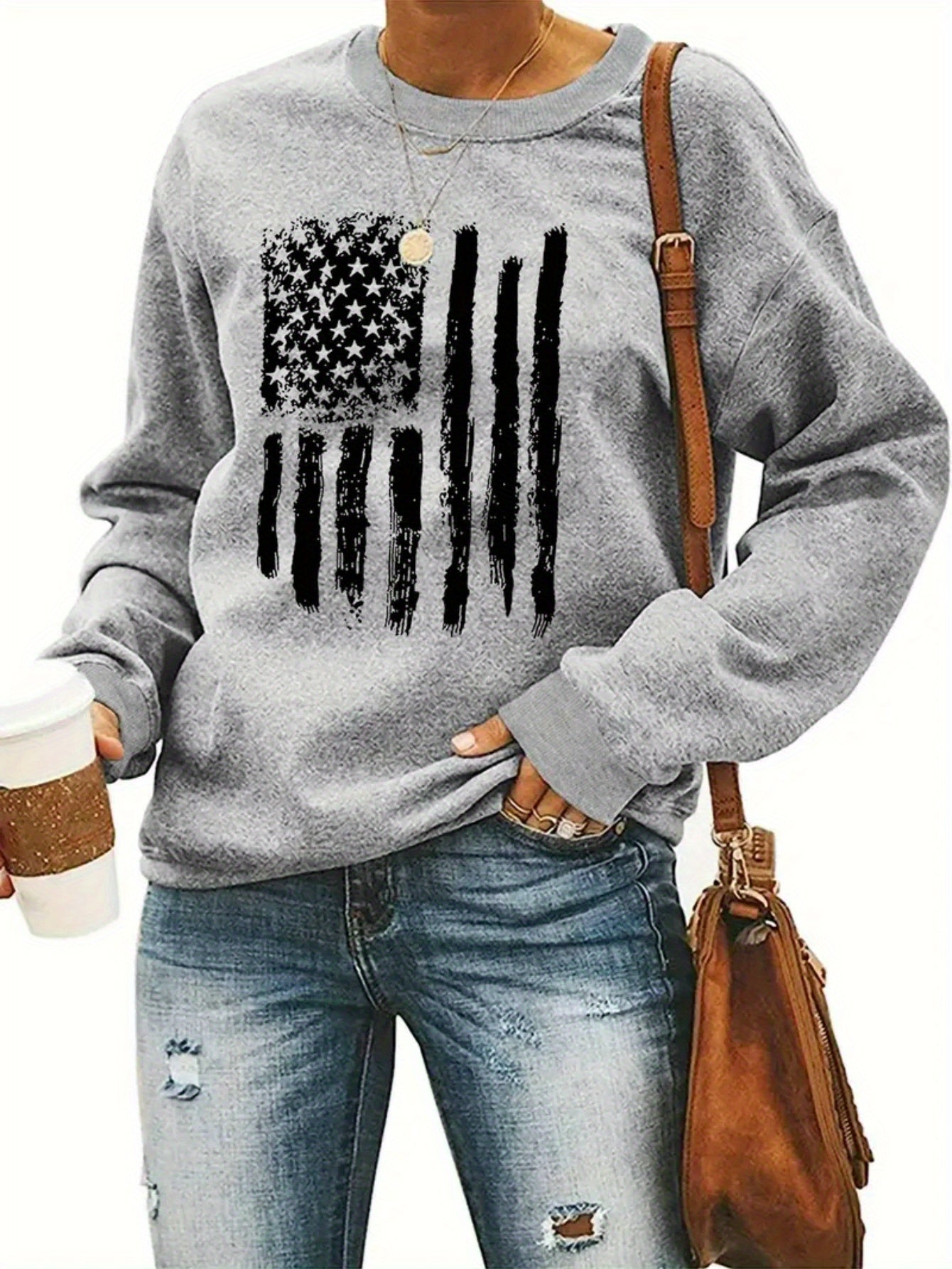 Women's Graphic Crewneck Sweatshirt - Regular Fit Crew Neck – Light Grey Graphic Design 95685 detail view