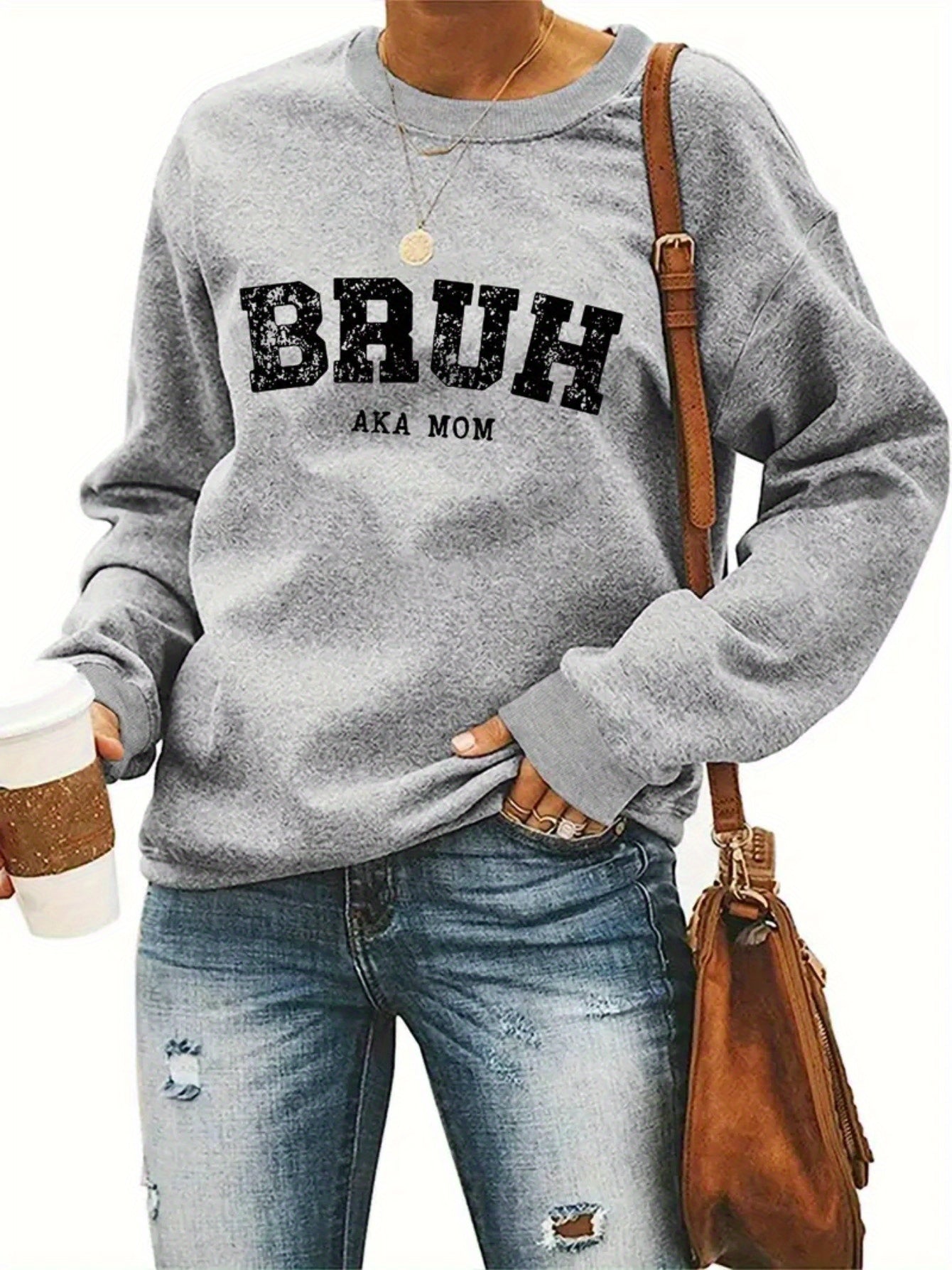 Women's Graphic Crewneck Sweatshirt - Regular Fit Crew Neck – Light Grey Graphic Design 99621 detail view