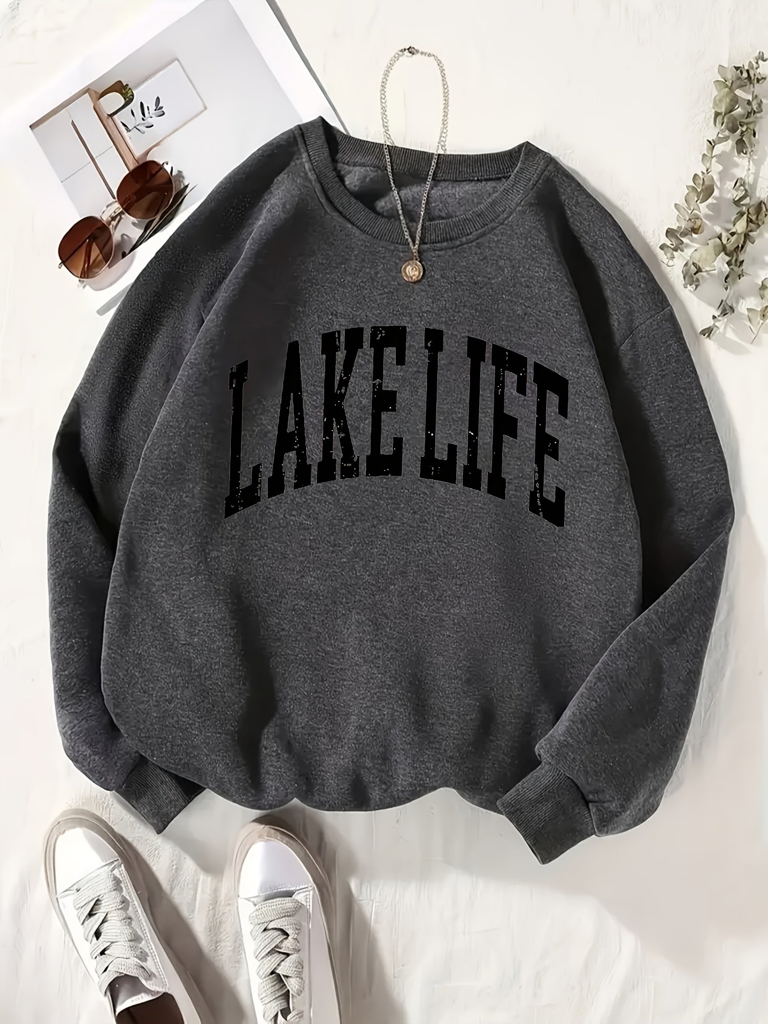 Women's Graphic Crewneck Sweatshirt - Regular Fit Crew Neck – White Graphic Design 64613 – main product image