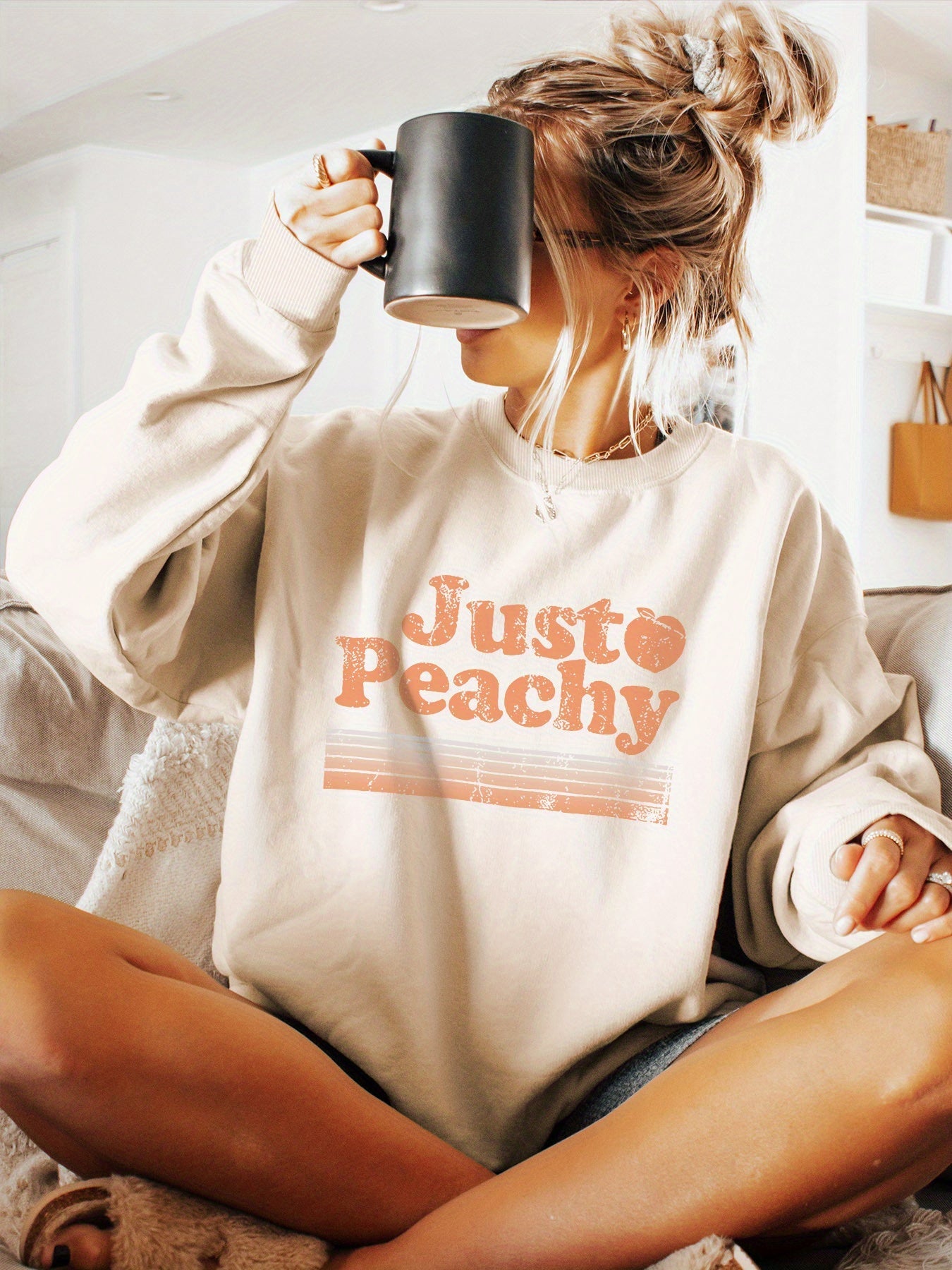 Women's Graphic Crewneck Sweatshirt - Relaxed Fit Crew Neck – Apricot / Grey detail view