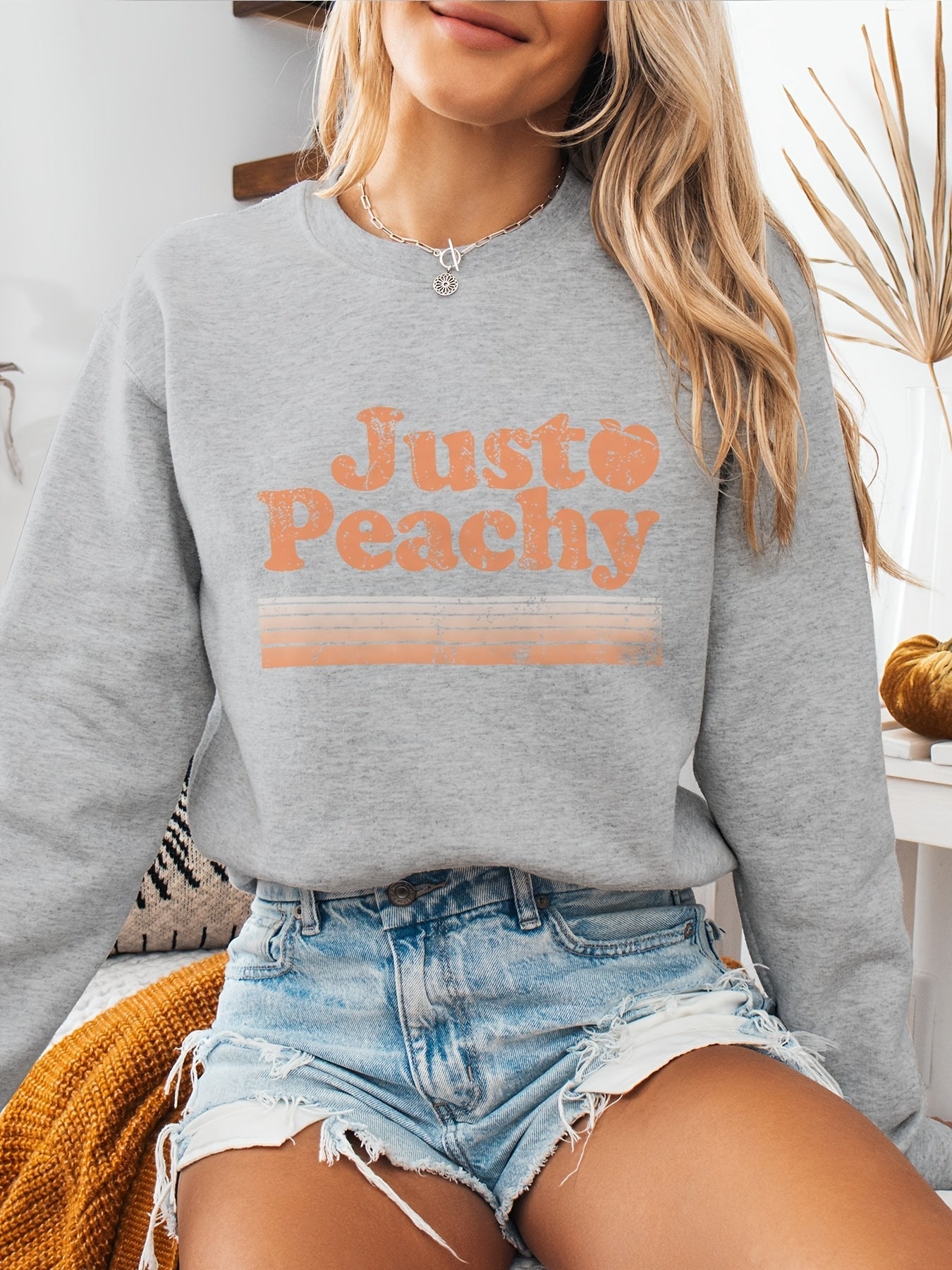 Women's Graphic Crewneck Sweatshirt - Relaxed Fit Crew Neck – Apricot / Grey detail view