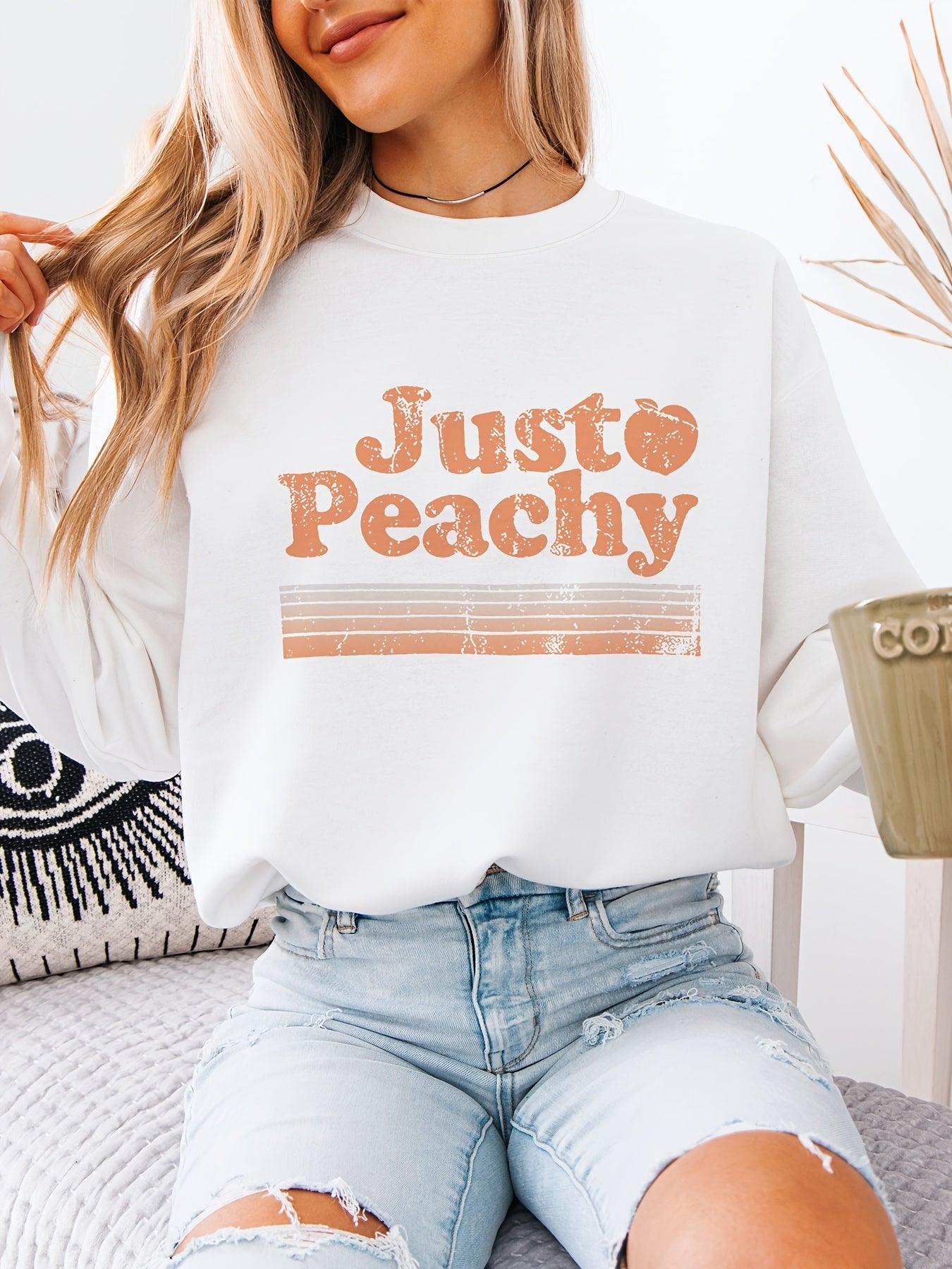Women's Graphic Crewneck Sweatshirt - Relaxed Fit Crew Neck – Apricot / Grey – Apricot option – main product image