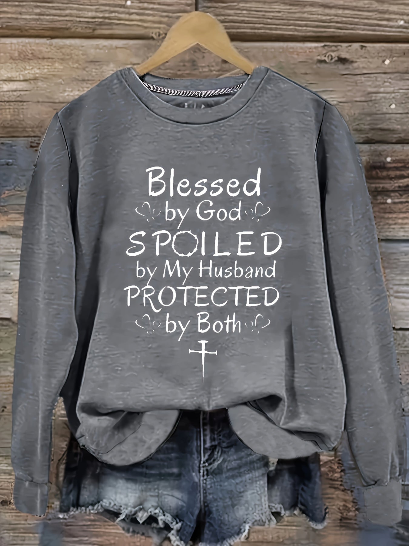 Women's Graphic Crewneck Sweatshirt - Relaxed Fit Crew Neck – Grey / White detail view