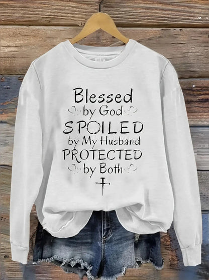 Women's Graphic Crewneck Sweatshirt - Relaxed Fit Crew Neck – Grey / White detail view