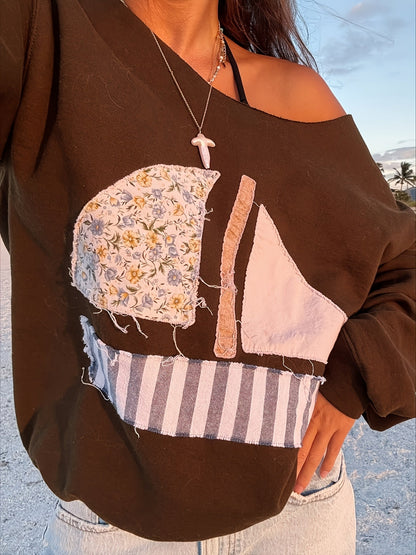 Women's Graphic Crewneck Sweatshirt - Relaxed Fit Crew Neck – Sepia / Grey detail view