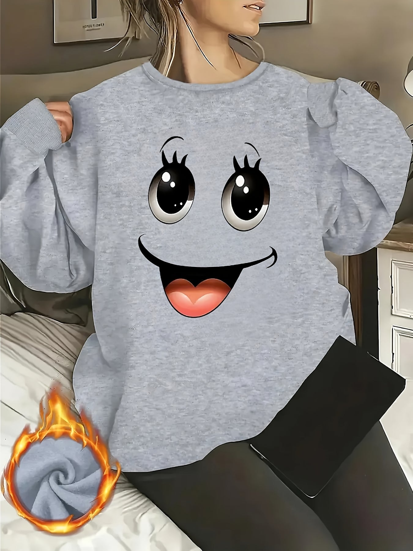 Women's Graphic Crewneck Sweatshirt - Relaxed Fit Crew Neck – White / Grey detail view