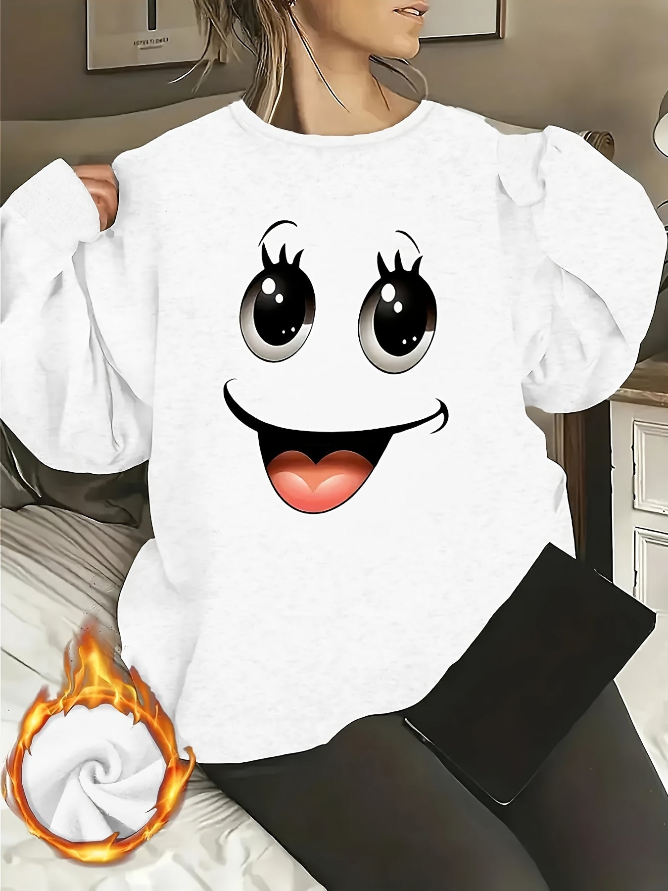 Women's Graphic Crewneck Sweatshirt - Relaxed Fit Crew Neck – White / Grey – White option – main product image