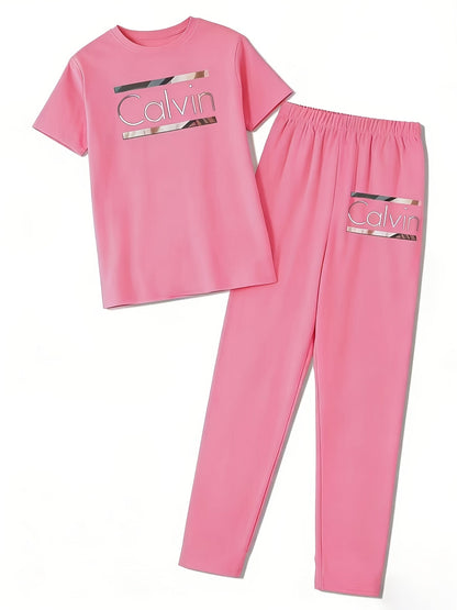 Women's Graphic Dress and Pants Set - Short Sleeve Two-Piece detail view