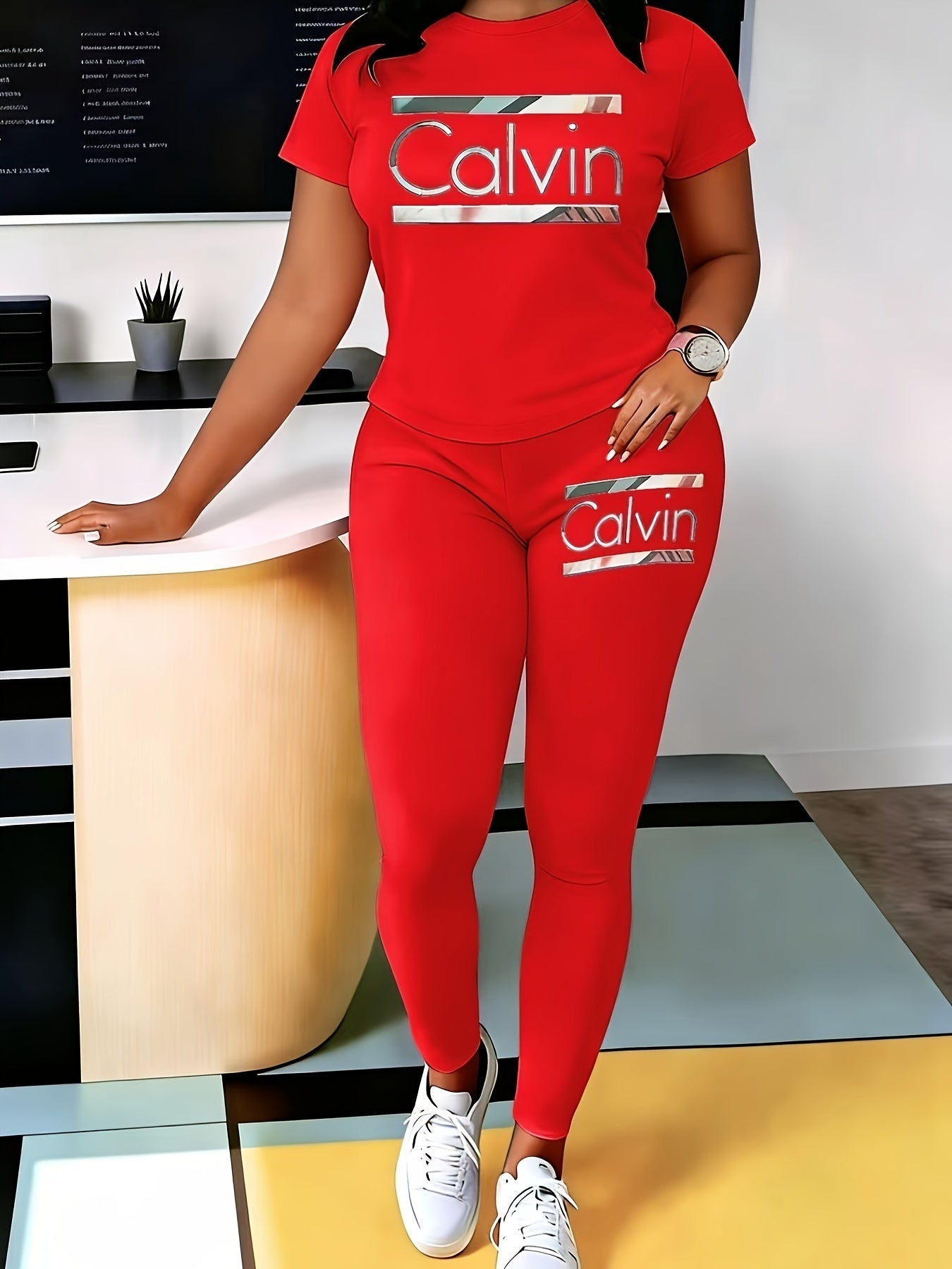 Women's Graphic Dress and Pants Set - Short Sleeve Two-Piece detail view