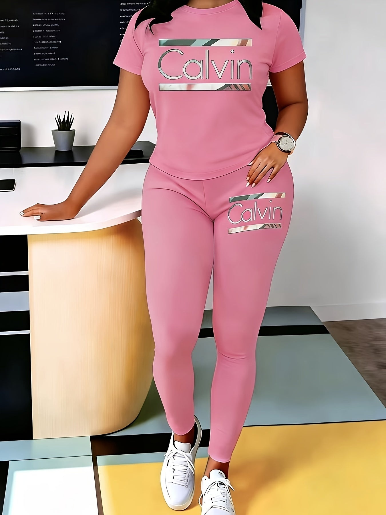 Women's Graphic Dress and Pants Set - Short Sleeve Two-Piece detail view